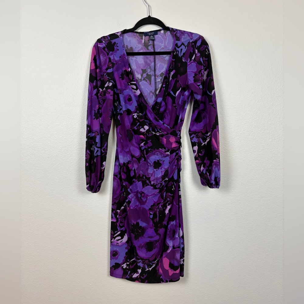 Chaps Jersey Carear Floral Purple Faux Wrap Dress Small